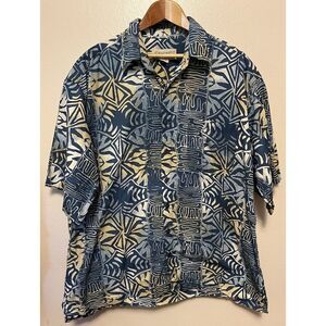 Johari West Tropical Hawaiian Button Up Blue Gray Tribal Short Sleeve‎ Men's 3XL